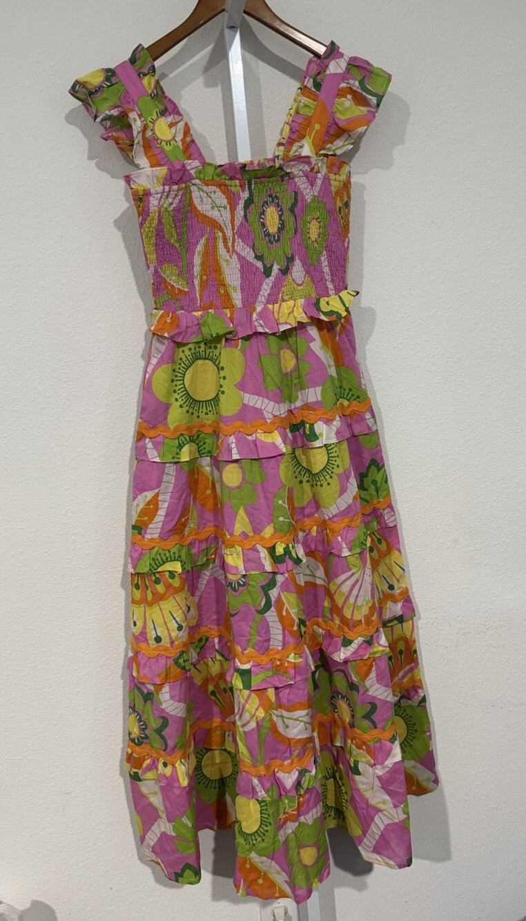 J. Marie Paloma Ruffled Strap Smocked Ric Rac Floral Tiered Midi Dress Sz S RARE